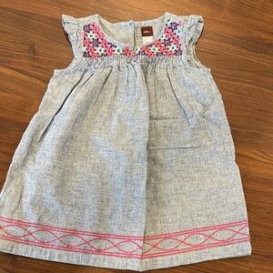 Tea Collection Blue Dress with Pink Embroidery